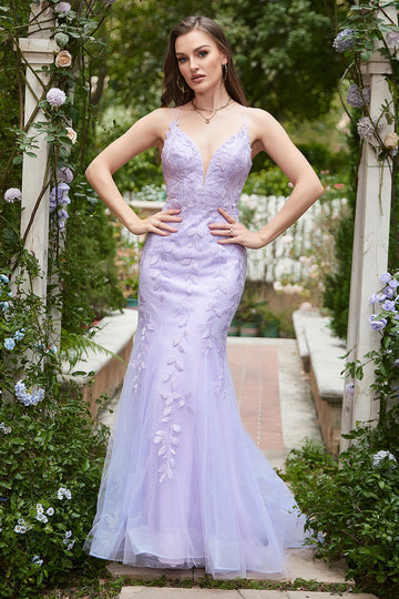 Purple Spaghetti Straps Mermaid Long Ball Dress With Appliques